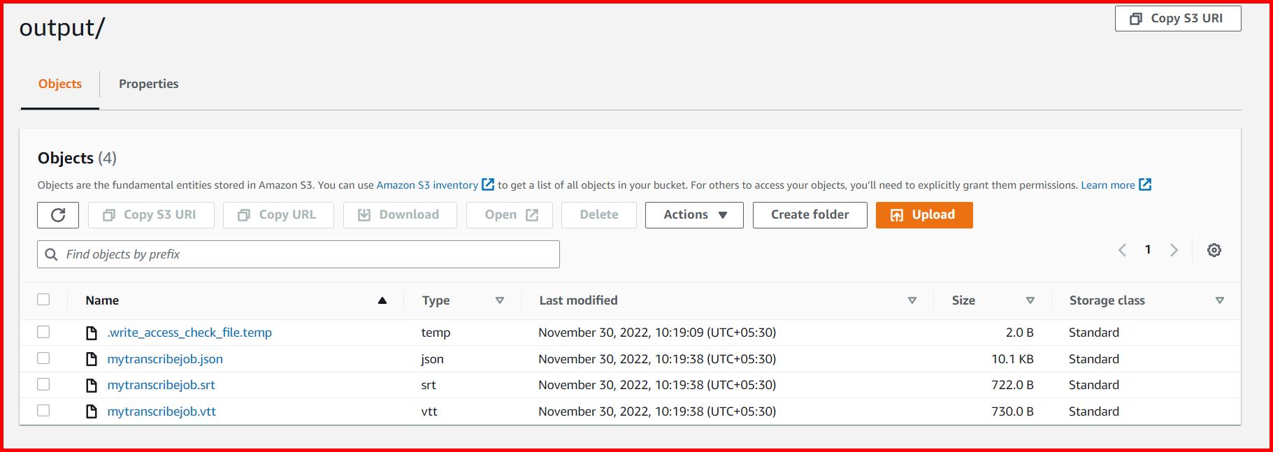 Picture showing the output of the transcribe job in the output folder